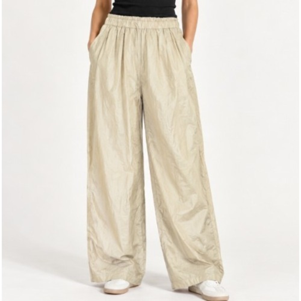 Beige Botany Wide Leg Drawstring Pants L Beige Satin Pull On Coastal Minimalist